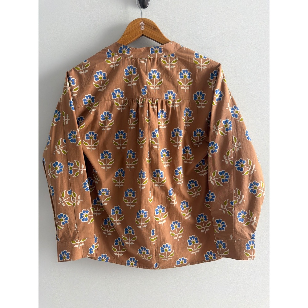 Livro Brown Floral Block Print Button Down Shirt Cotton Band Collar and Skirt - Picture 4 of 15